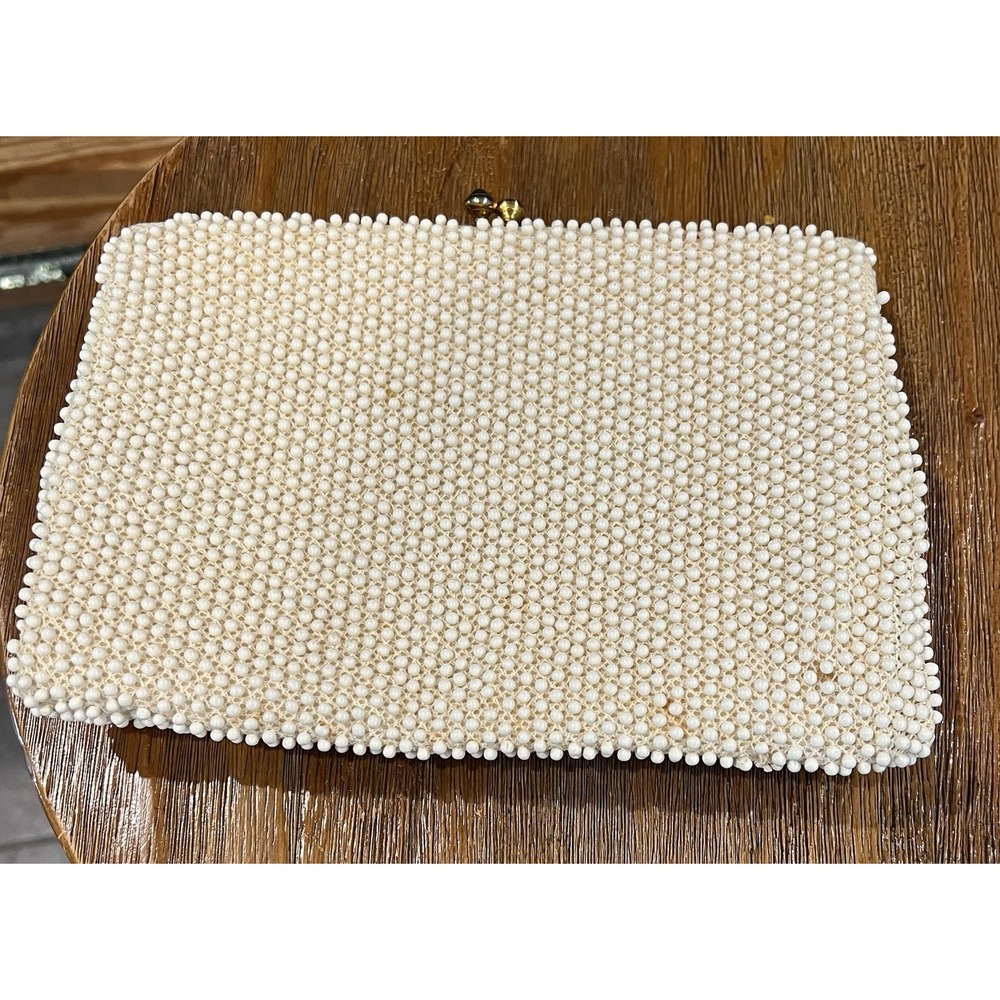 Vintage Corde Bead Ivory Beaded Kisslock Clutch Purse Women Cocktail USA Gold